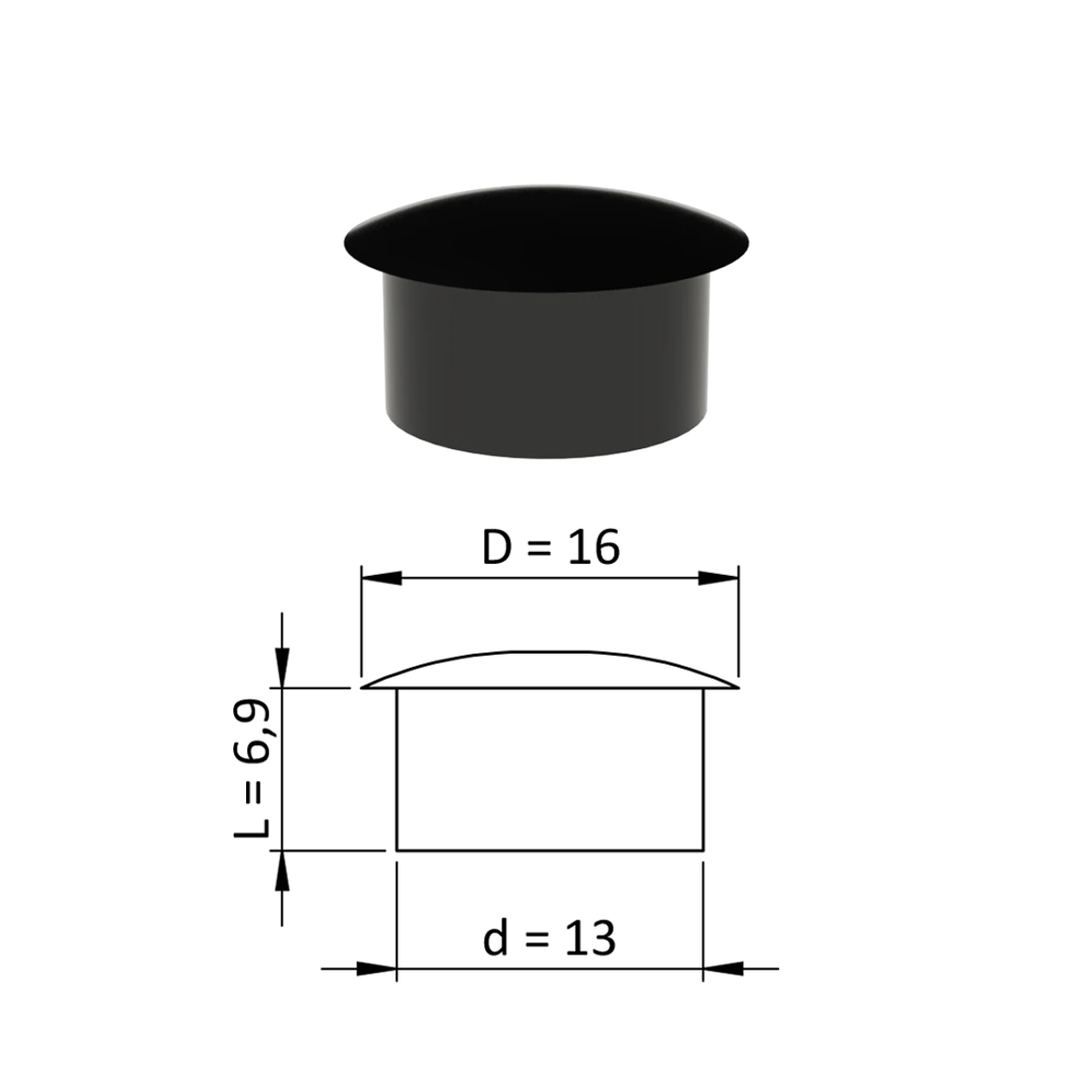 Vnútorná krytka guľatá ø 16 mm, otvor ø 13 mm, čierna, plast