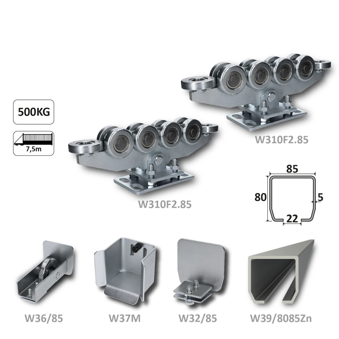 Samonos do 500 kg/7,5 m, profil 80 x 85 x 5 mm s otvormi, Zn