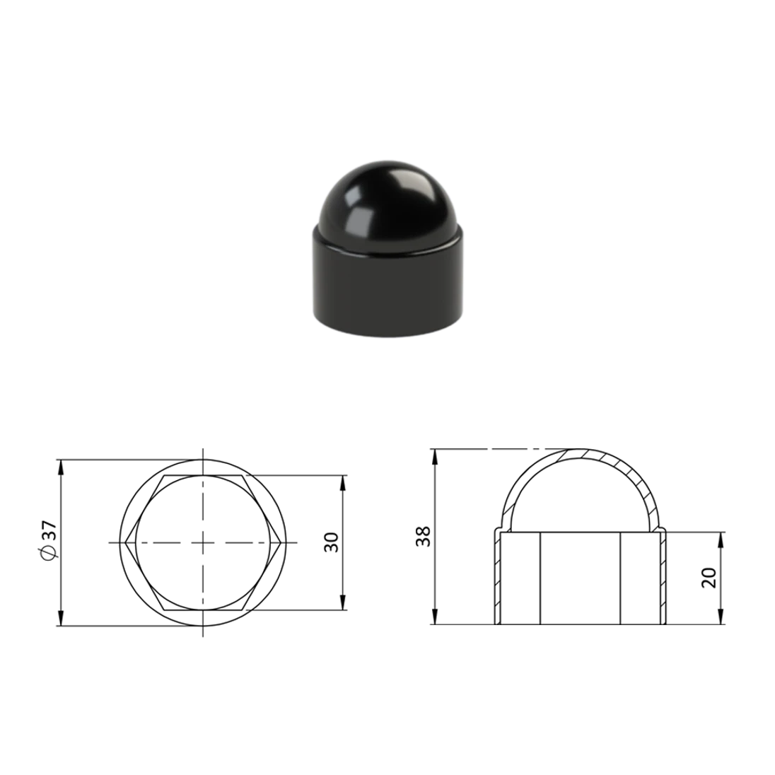 Krytka plastová na matice a skrutky M20, čierna