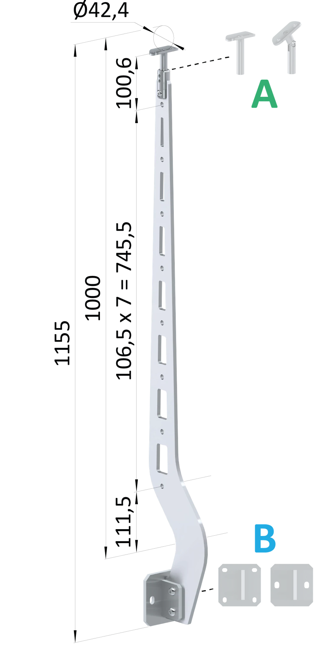 Nerezový vypalovaný sloup, boční kotvení, 8děrový