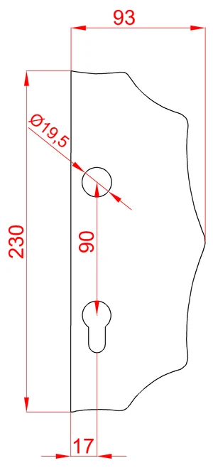 Štít 230 x 93 x 3 mm s otvormi, rozteč 90 mm, pravý - slide 1