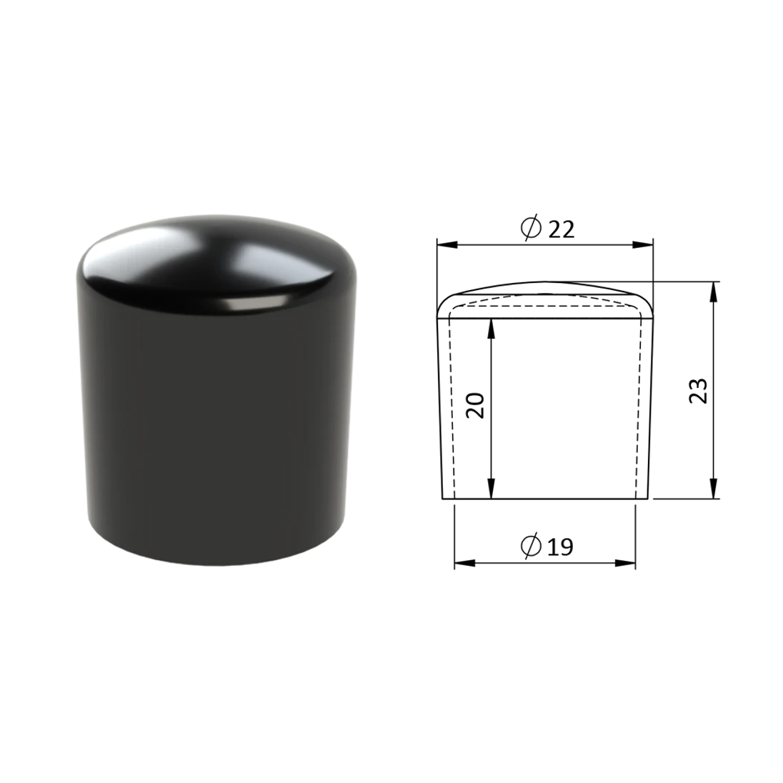 Vnější krytka PVC ø 22 x 23 mm, otvor 19 x 20 mm, černá