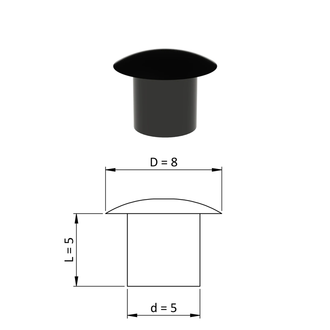Vnútorná krytka guľatá ø 8 mm, otvor ø 5 mm, čierna, plast