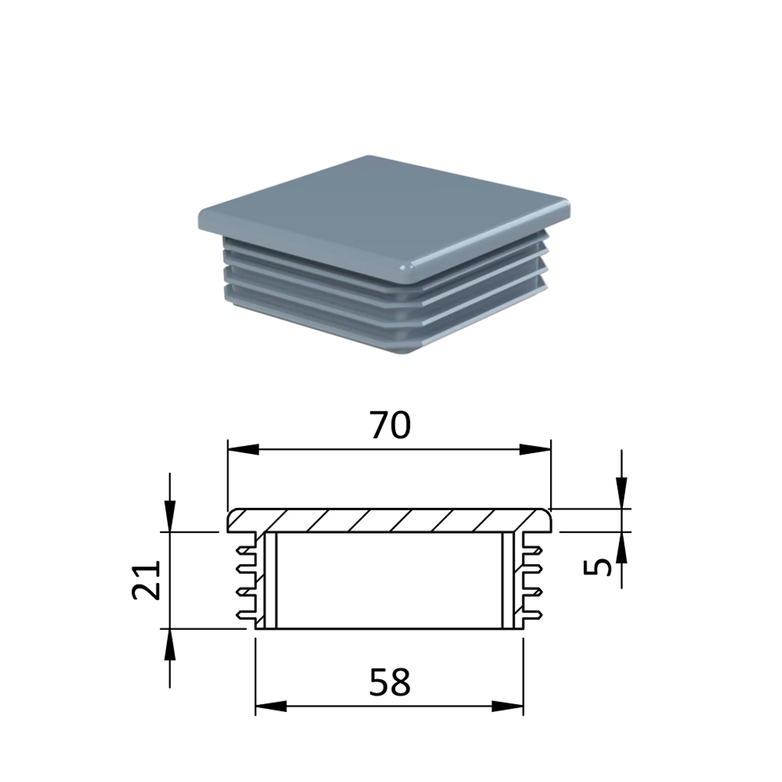 Krytka plastová 70 x 70 mm, sivá