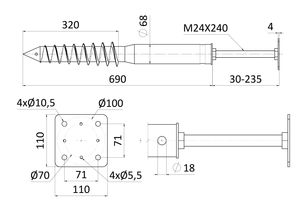 Zemný vrut, pätka M24, 110 x 110 mm, zinková farba - slide 3