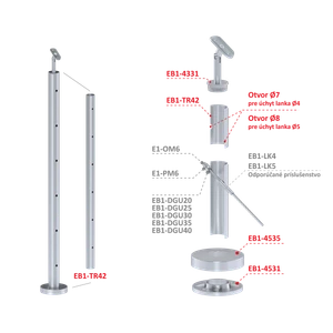Nerezový sloup, vrchní kotvení, 6děrový, lanko, koncový - slide 5