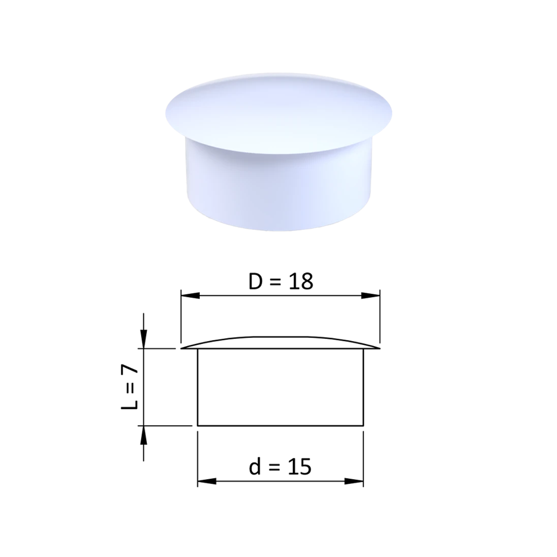 Vnútorná krytka guľatá ø 18 mm, otvor ø 15 mm, biela, plast