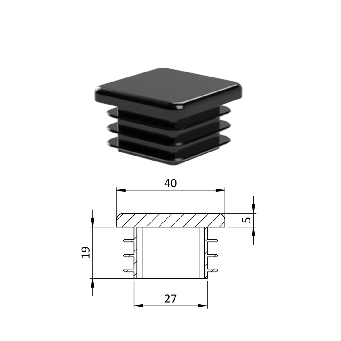 Krytka plastová 40 x 40 x 3 - 5 mm, čierna