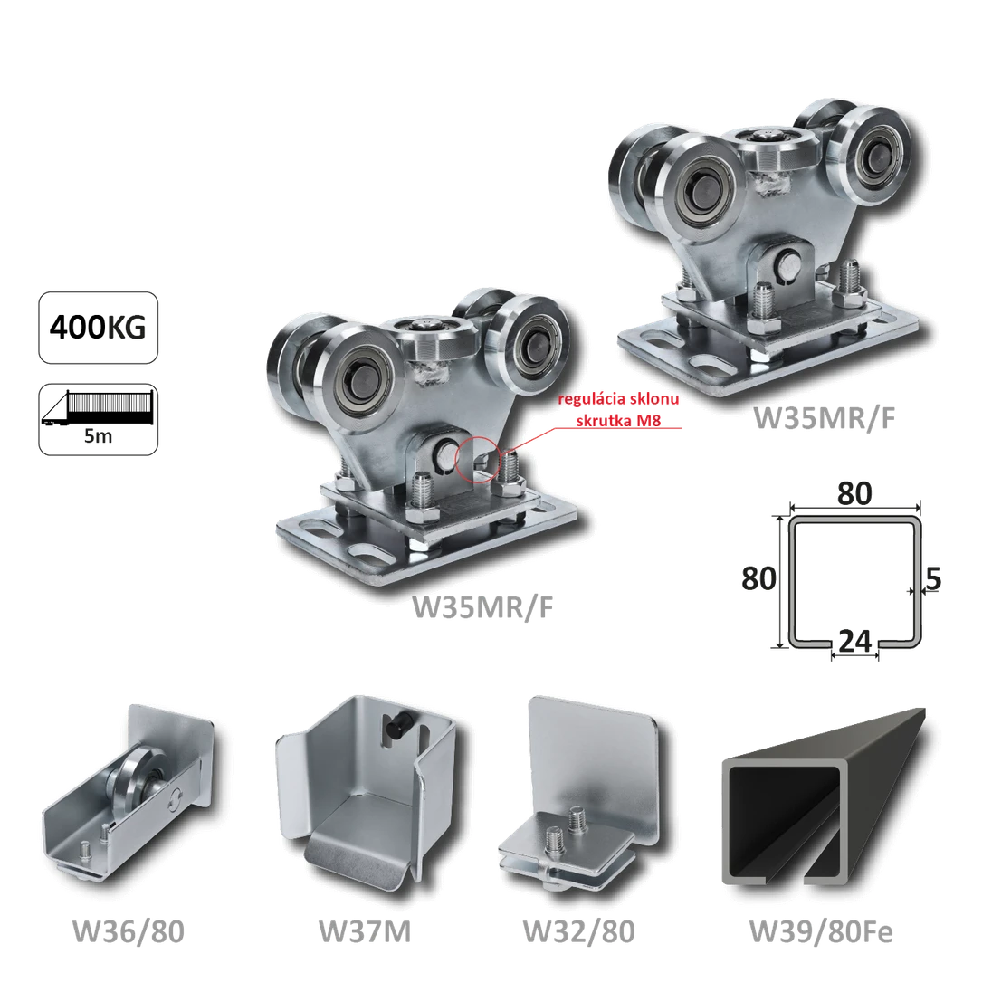 Samonos do 400 kg, profil 80 x 80 x 6000 mm, Fe