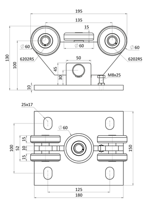 Vozík PICCOLO profil 67 x 67 mm pre brány do 200 kg, nerez - slide 2