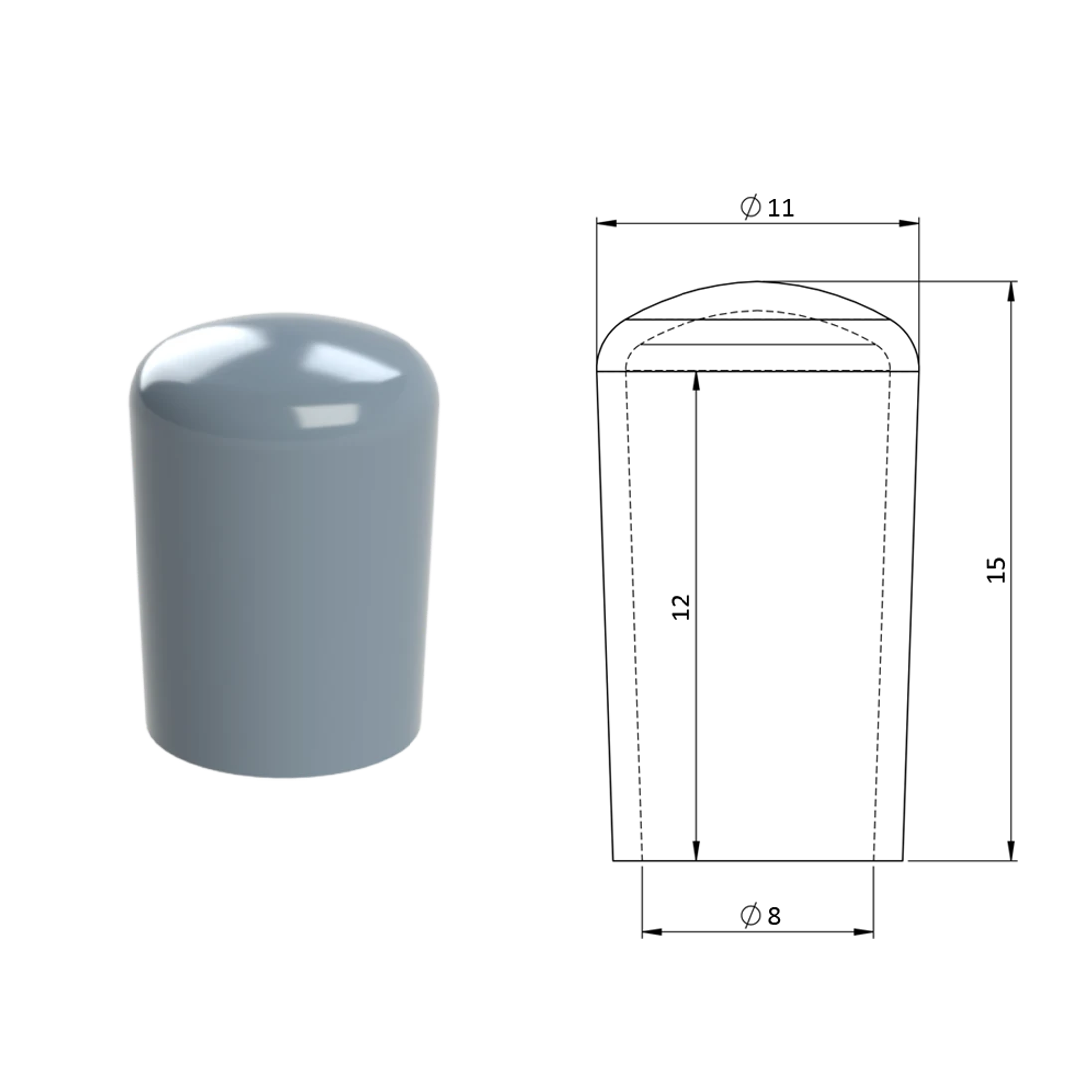 Vnější krytka PVC ø 11 x 15 mm, otvor 8 x 11 mm, šedá