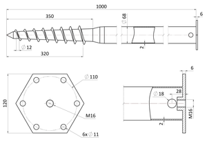 Zemní vrut,  patka s přírubou, 120 x 120 mm, zinková barva - slide 4