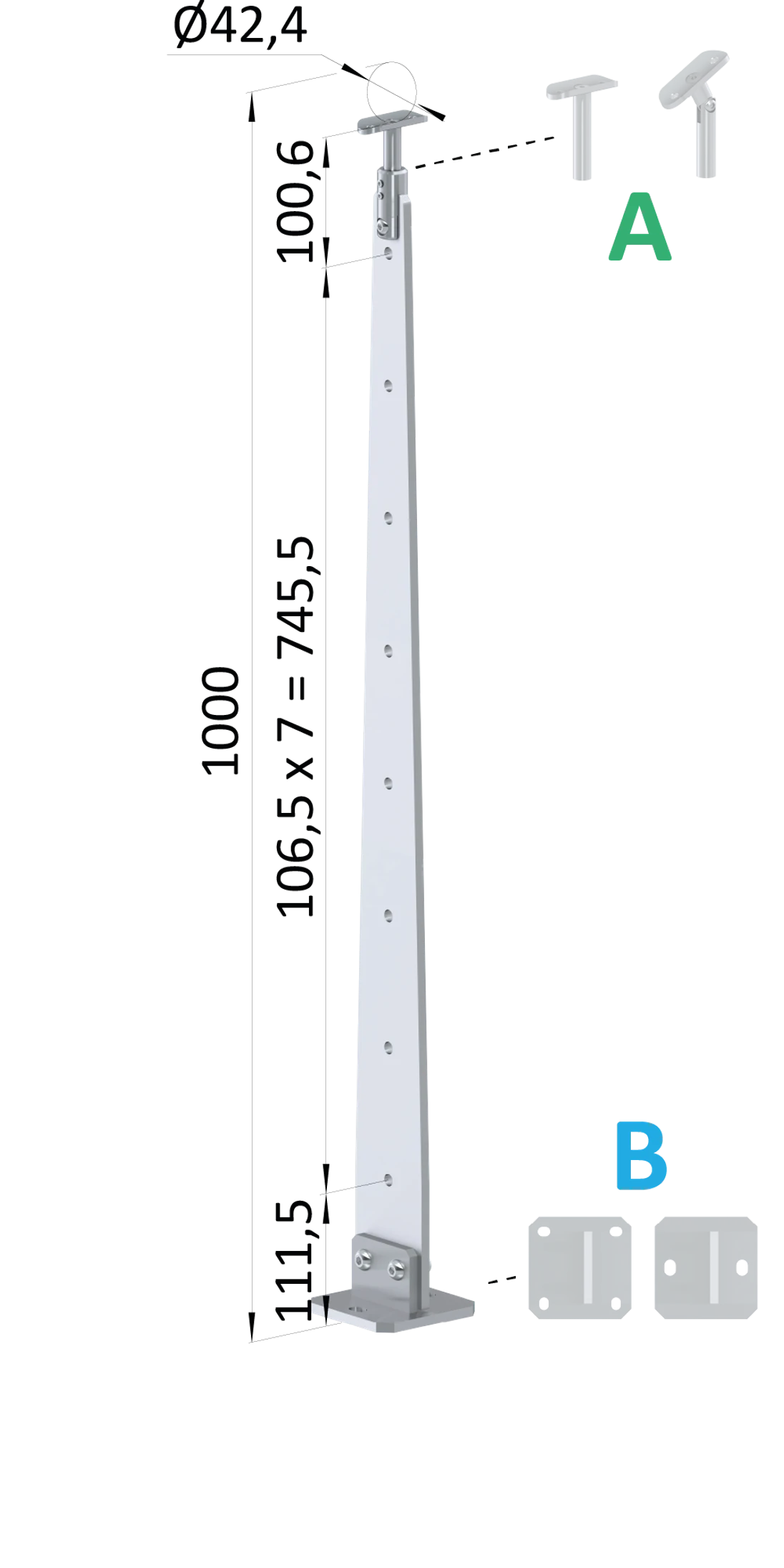 Nerezový vypaľovaný stĺp, vrchné kotvenie, 8-dierový