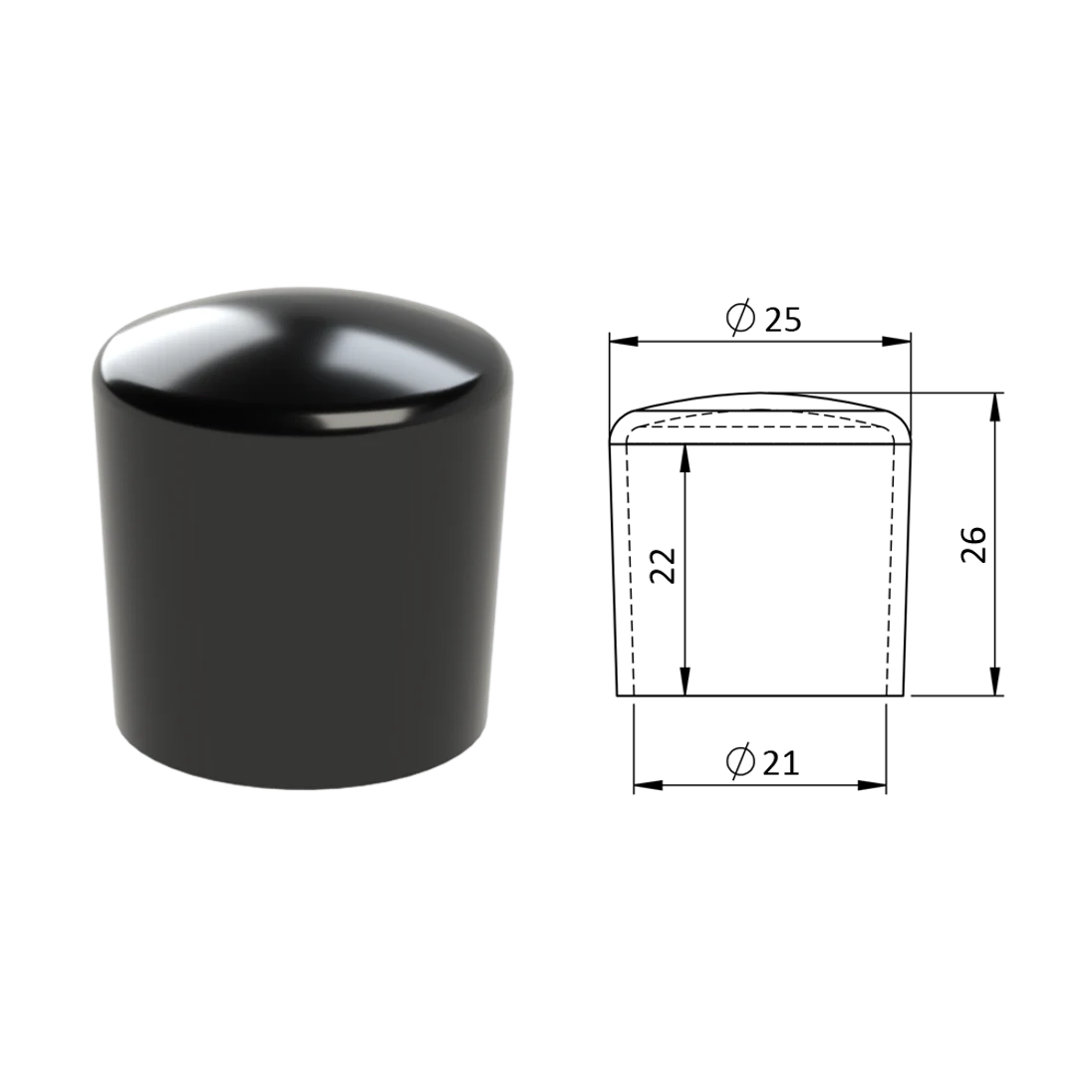 Vnější krytka PVC ø 25 x 26 mm, otvor 21 x 22 mm, černá