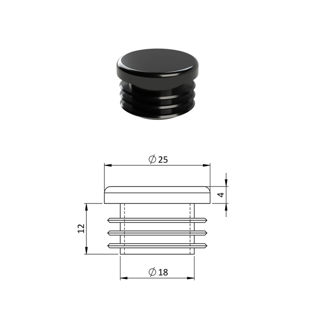 Vnútorná krytka guľatá ø 25 mm, plastová, čierna