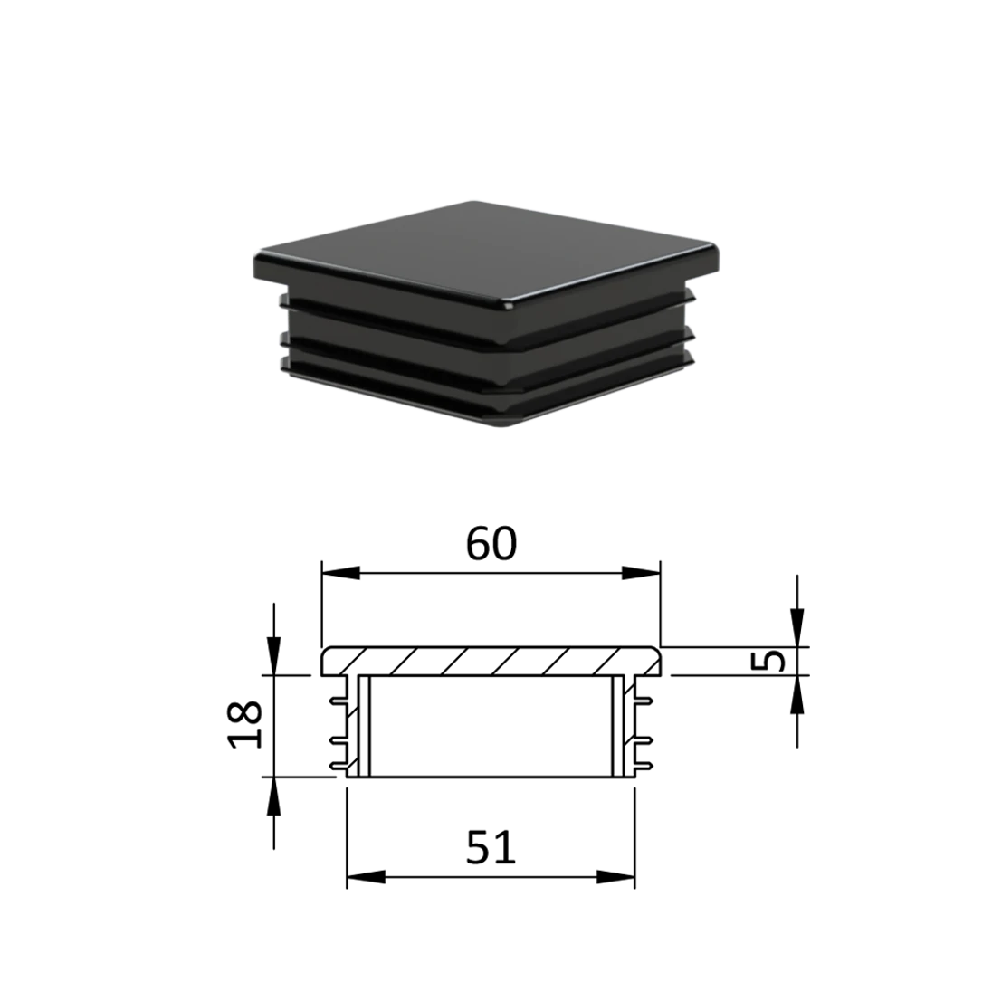 Krytka plastová 60 x 60 mm, čierna