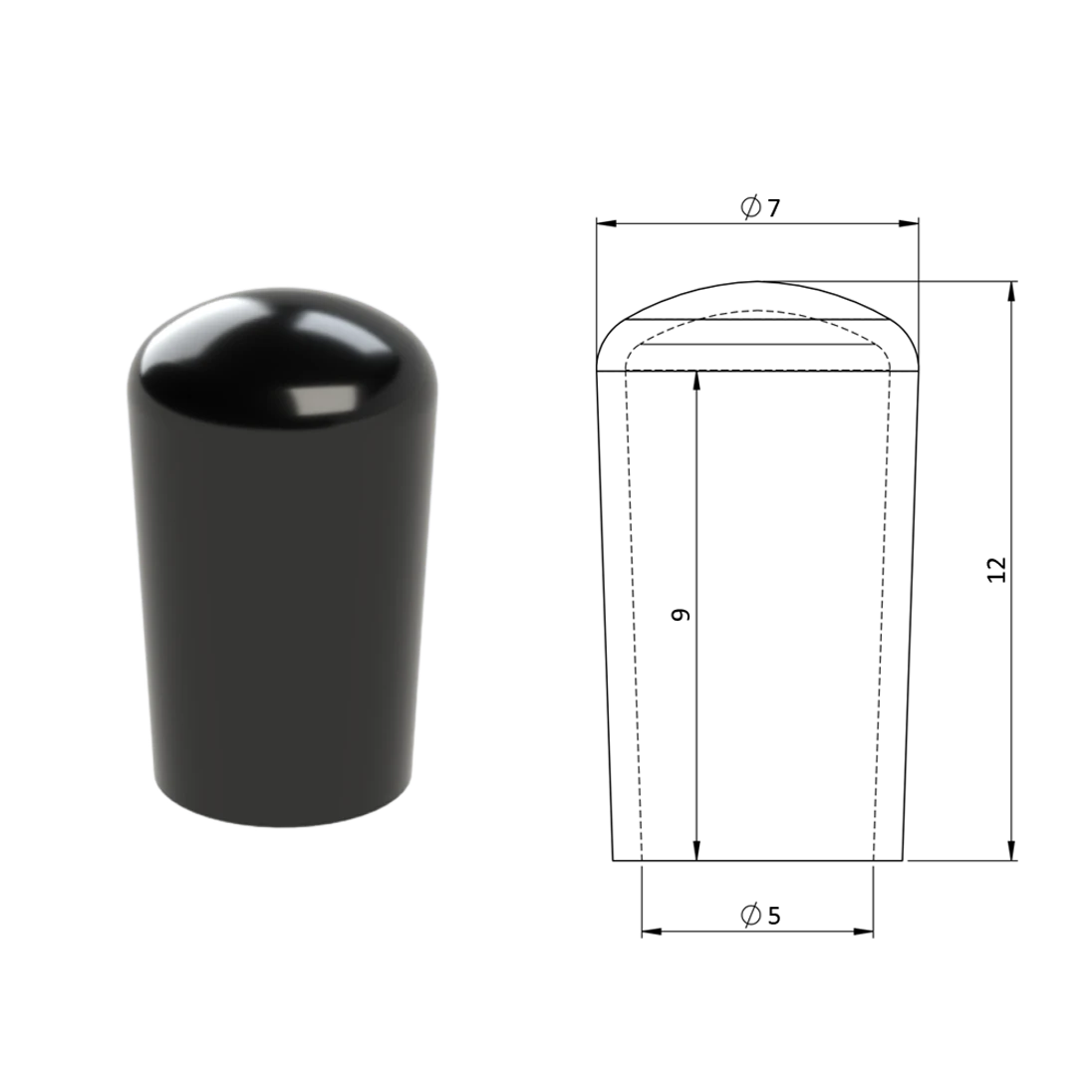 Vonkajšia krytka PVC ø 7 x 12 mm, otvor 5 x 9 mm, čierna