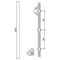 Tyč 14 x 14 x 2000 mm opieskovaná, rozteč 140 mm