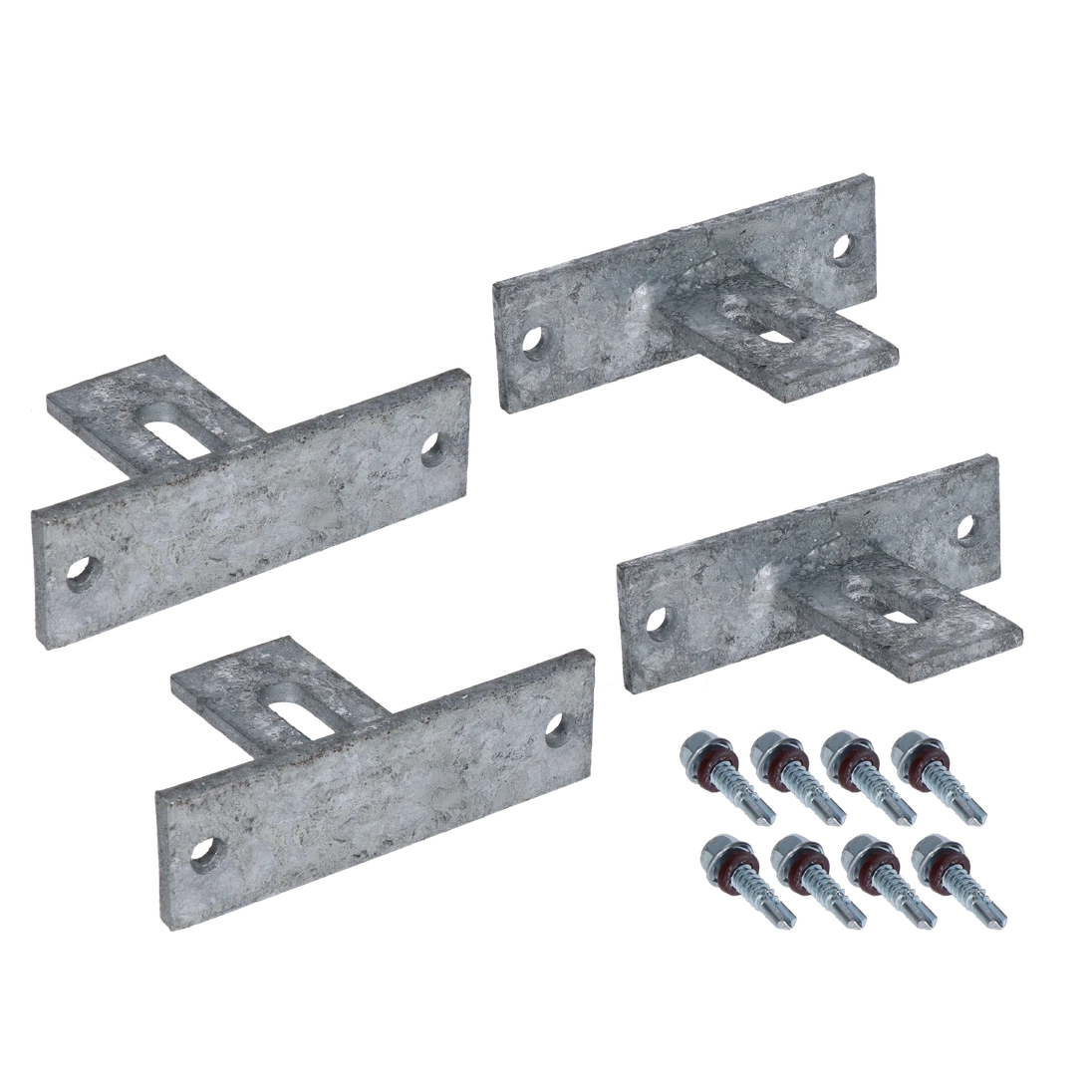 Set s držáky plotového pole, set obsahuje 4x držák (délka 100mm, šířka 30mm, výška 60mm, tloušťka 5mm) 8x šroub, žárový