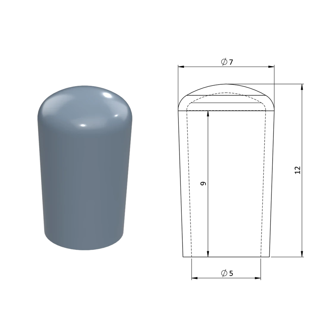 Vonkajšia krytka PVC ø 7 x 12 mm, otvor 5 x 9 mm, sivá