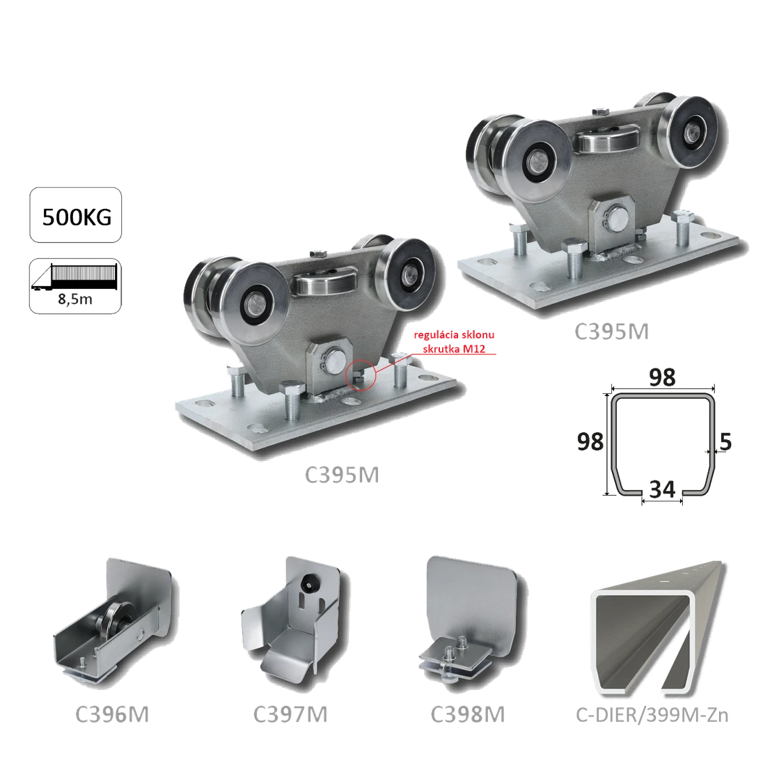 Samonos do 500 kg/8,5 m, profil s otvormi 98 x 98 x 5 mm, Zn