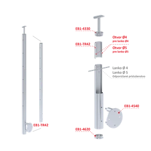 Nerezový stĺp, bočné kotvenie, 6-dierový, lanko, priechodný - slide 2