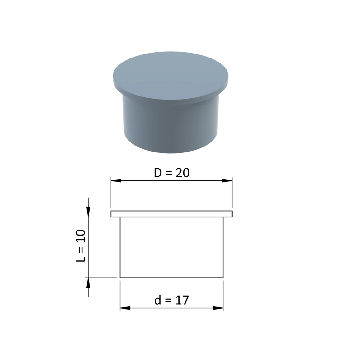 Vnútorná krytka guľatá ø 20 mm, otvor ø 17 mm, sivá, plast