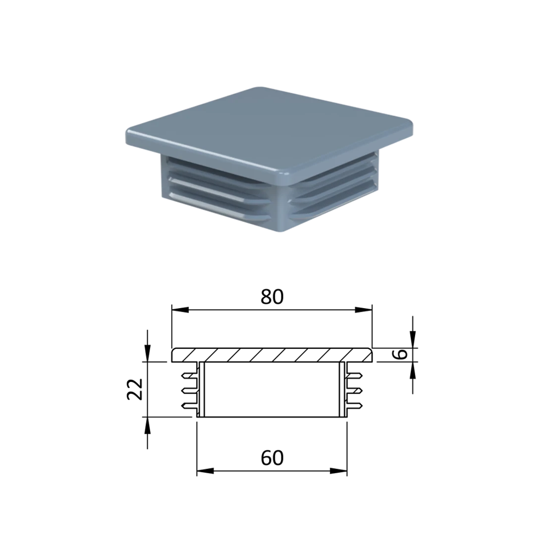 Krytka plastová 80 x 80 x 5 - 8 mm, šedá