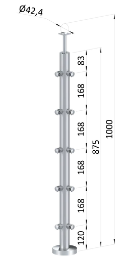 Nerezový stĺp, vrchné kotvenie, 5-radový, rohový: 90°