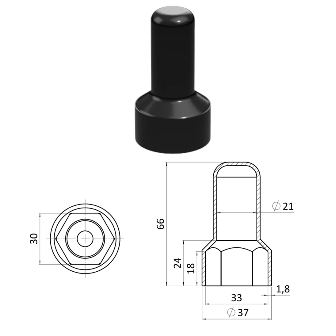 Krytka plastová na matice a skrutky M20, predĺžená, čierna