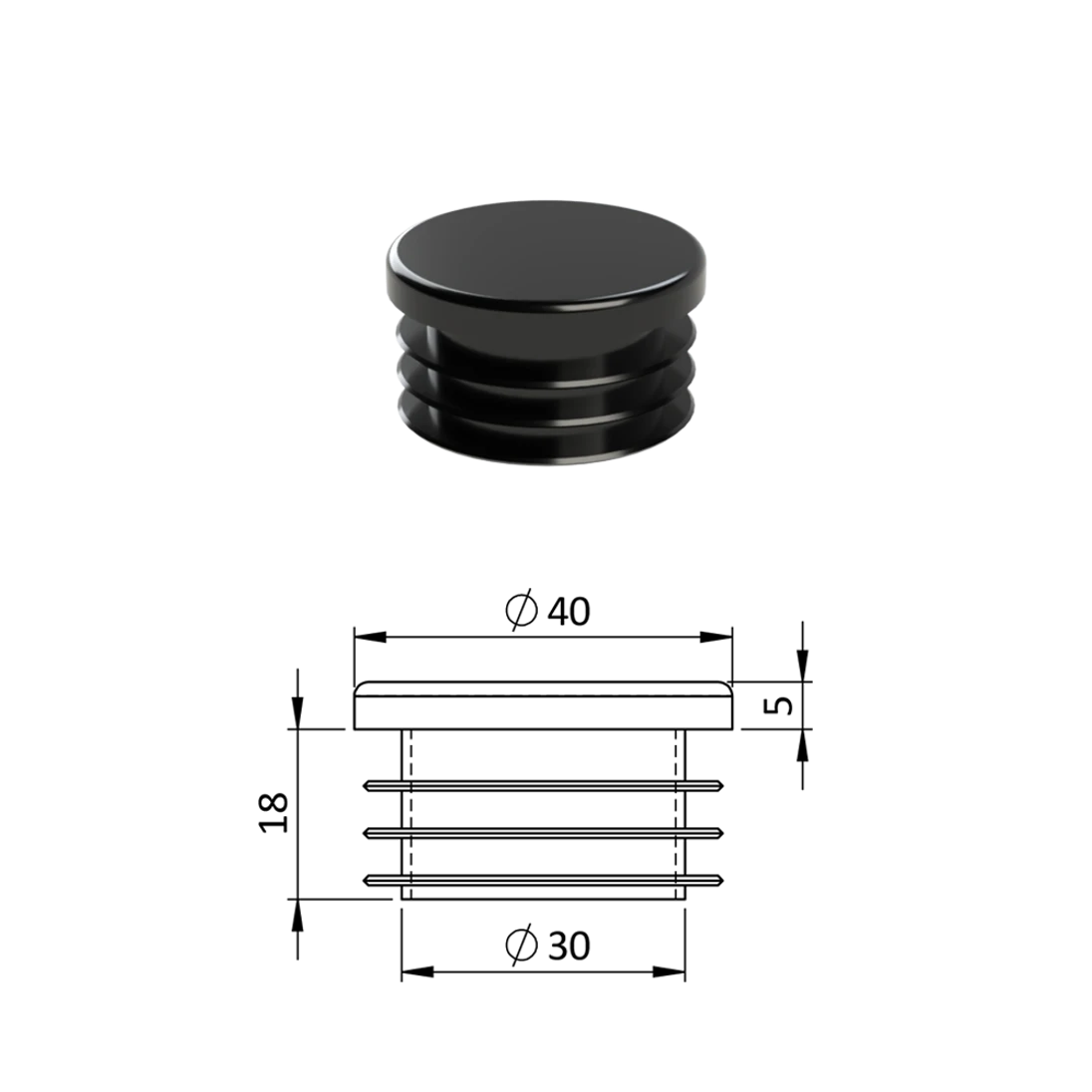 Vnútorná krytka guľatá ø 40 mm, plastová, čierna