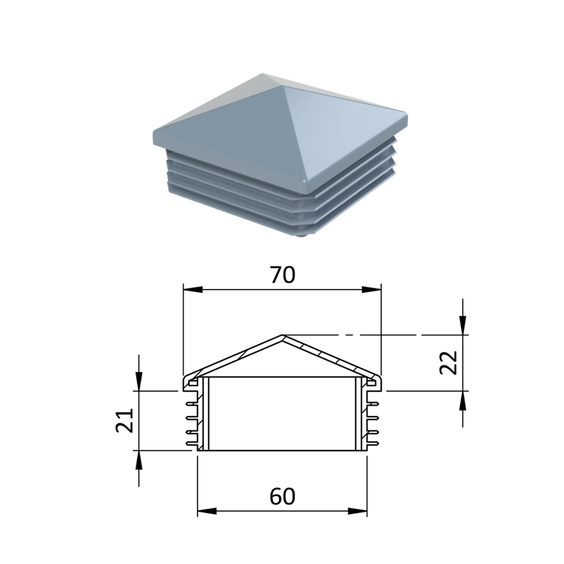 Krytka plastová so strieškou 70 x 70 mm, sivá