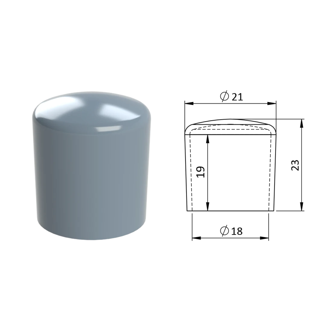 Vnější krytka PVC ø 21 x 23 mm, otvor 18 x 19 mm, šedá