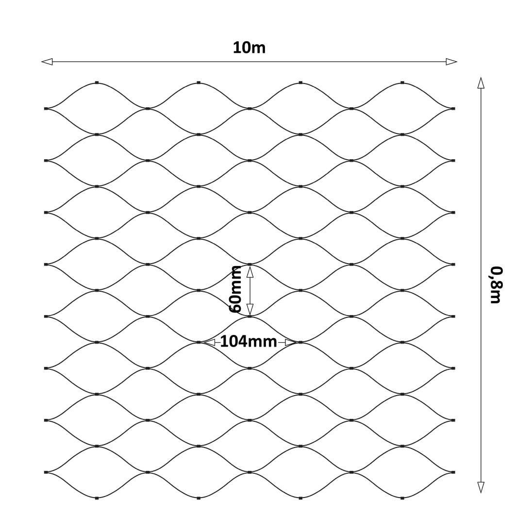 Čierna lanková sieť, 0,8 x 10 m, oko 60 x 104 mm, ø 2 mm, AISI 304