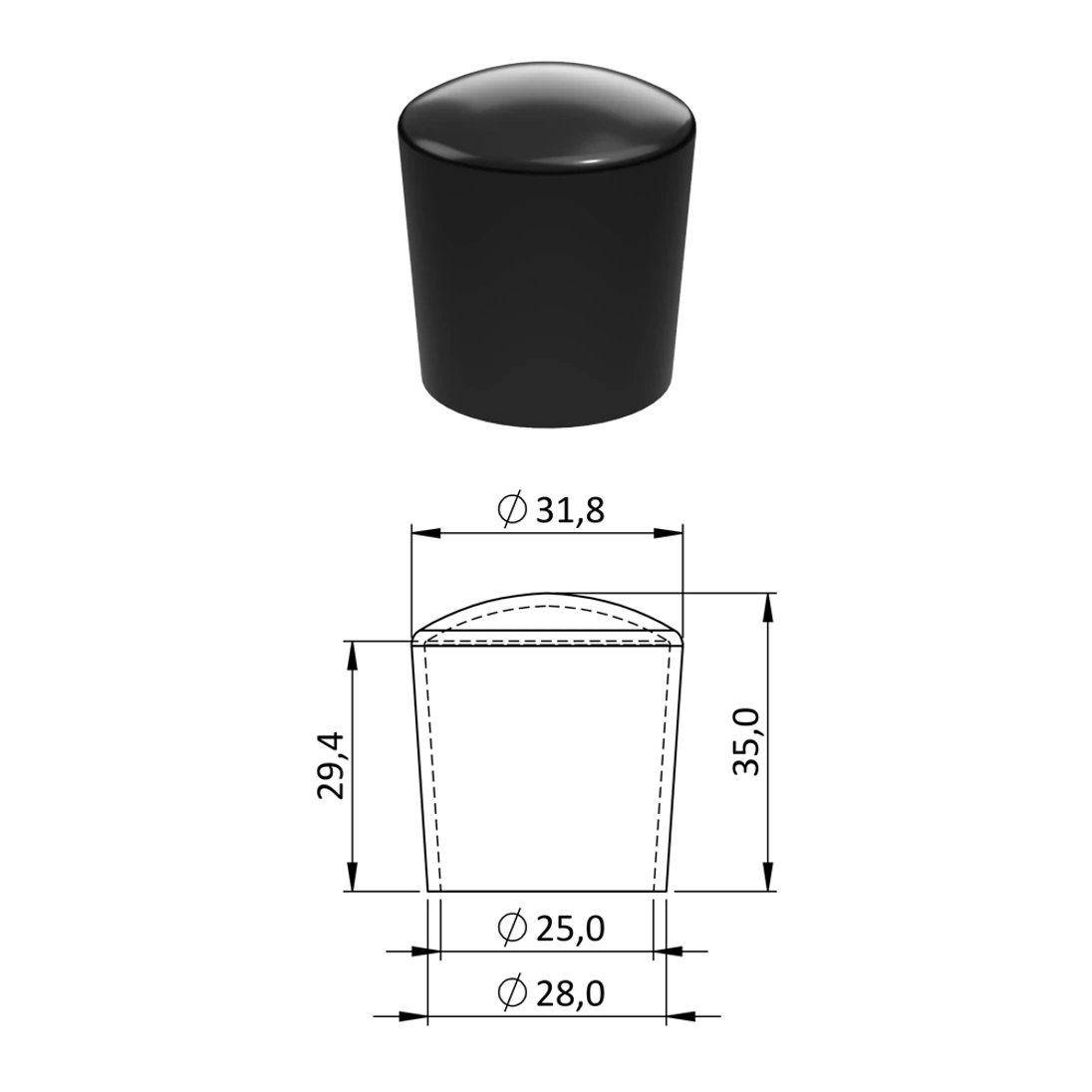 Vonkajšia PVC krytka ø 31,8 x 35 mm, otvor 25 mm, čierna