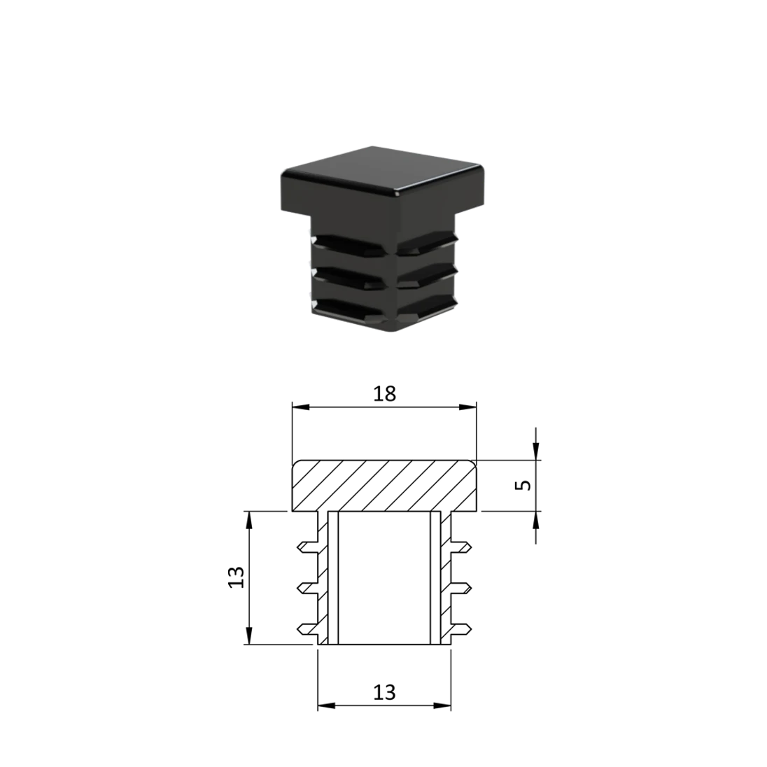 Krytka plastová 18 x 18 mm, čierna