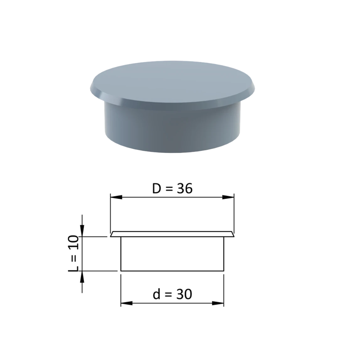 Vnútorná krytka guľatá ø 36 mm, otvor ø 30 mm, sivá, plast