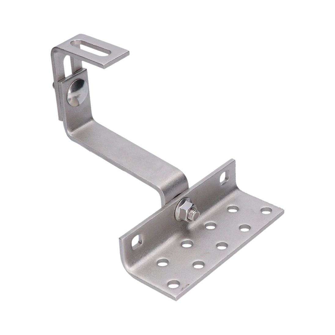 Střešní hák nastavitelný ve třech bodech, vhodný pro vlnité krytiny (betonové nebo pálené tašky). Nerez A2.