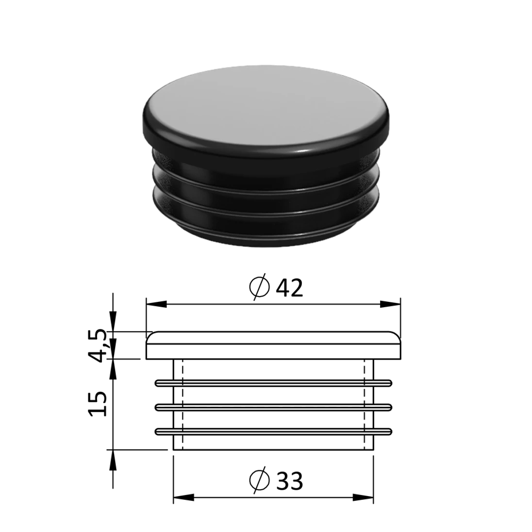 Vnútorná krytka guľatá ø 42 mm, plastová, čierna