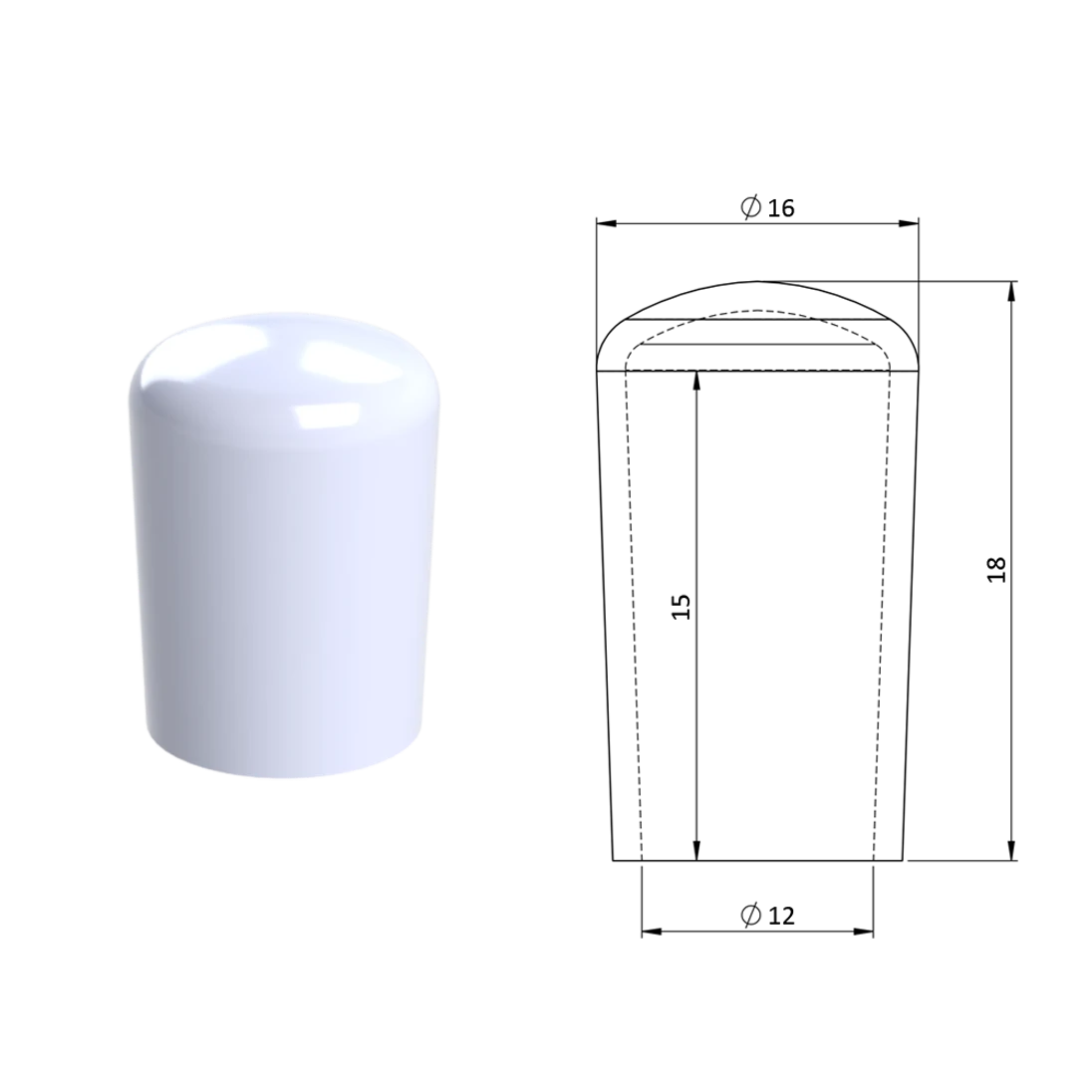 Vonkajšia krytka PVC ø 16 x 18 mm, otvor 12 x 15 mm, biela