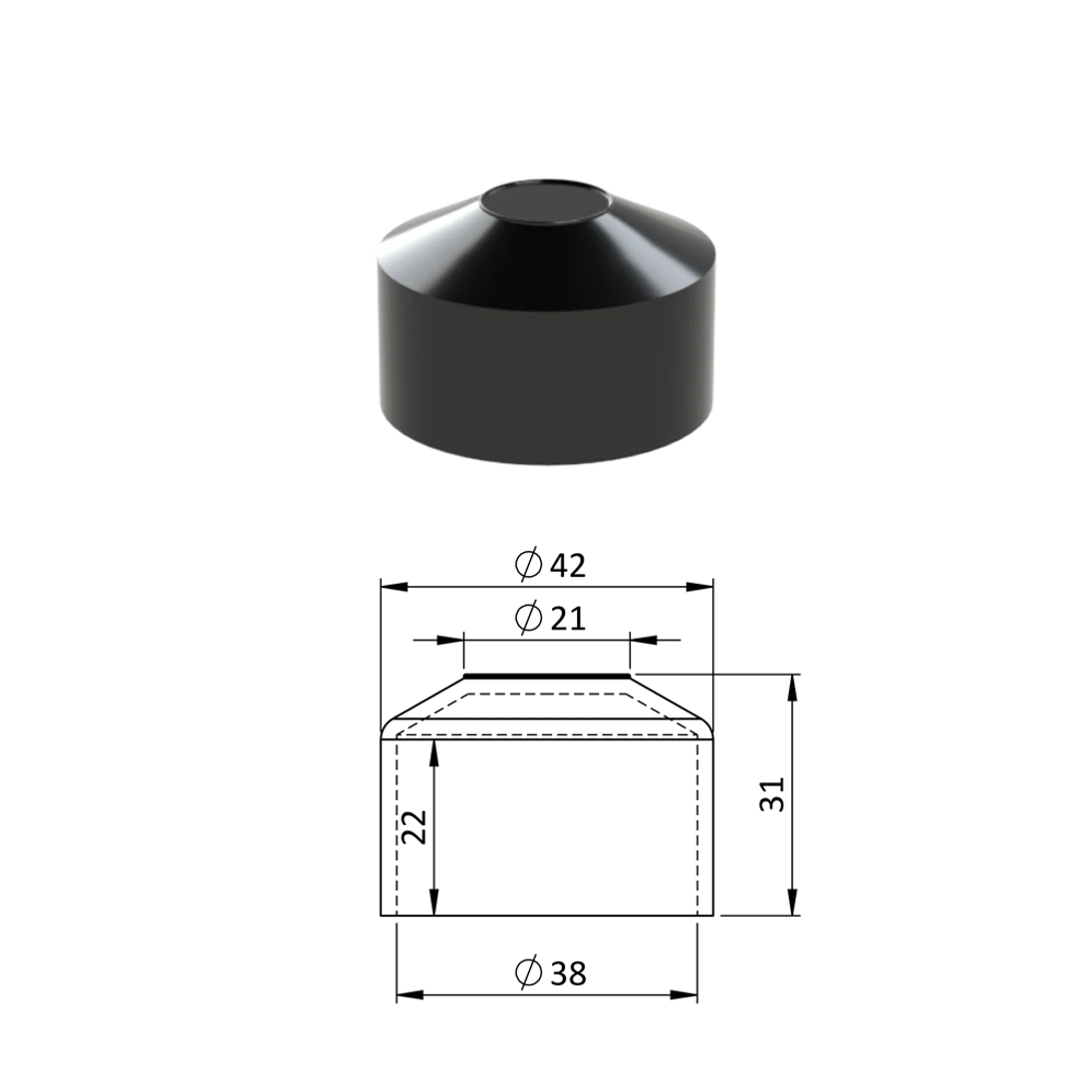 Vnější krytka kulatá ø 38 mm, plastová PE, černá