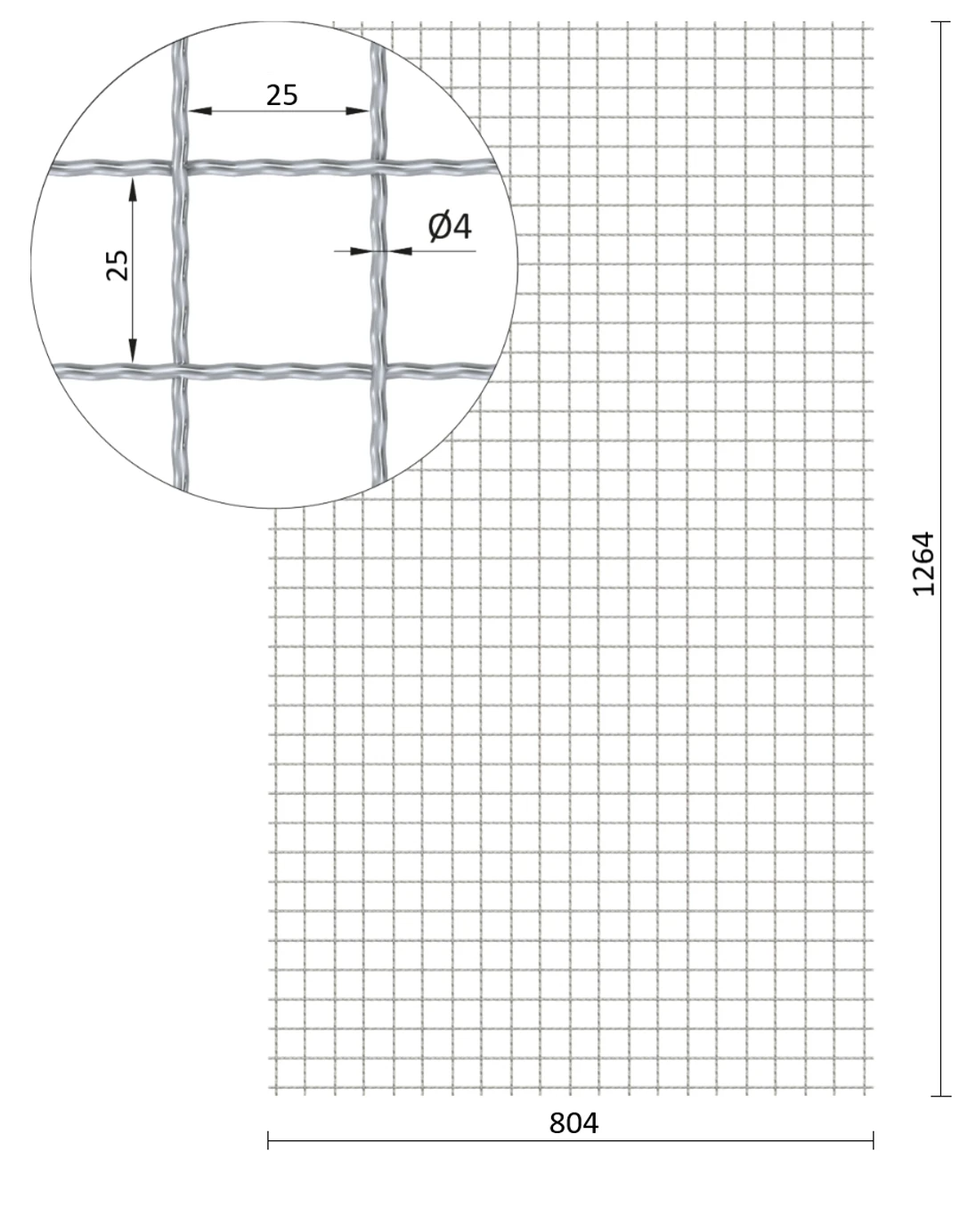 Žebírkové pletené síto - rovné, oko: 25x25mm, průměr pletiva ø4mm, rozměr 1264x804mm, materiál: Nerez /AISI 304