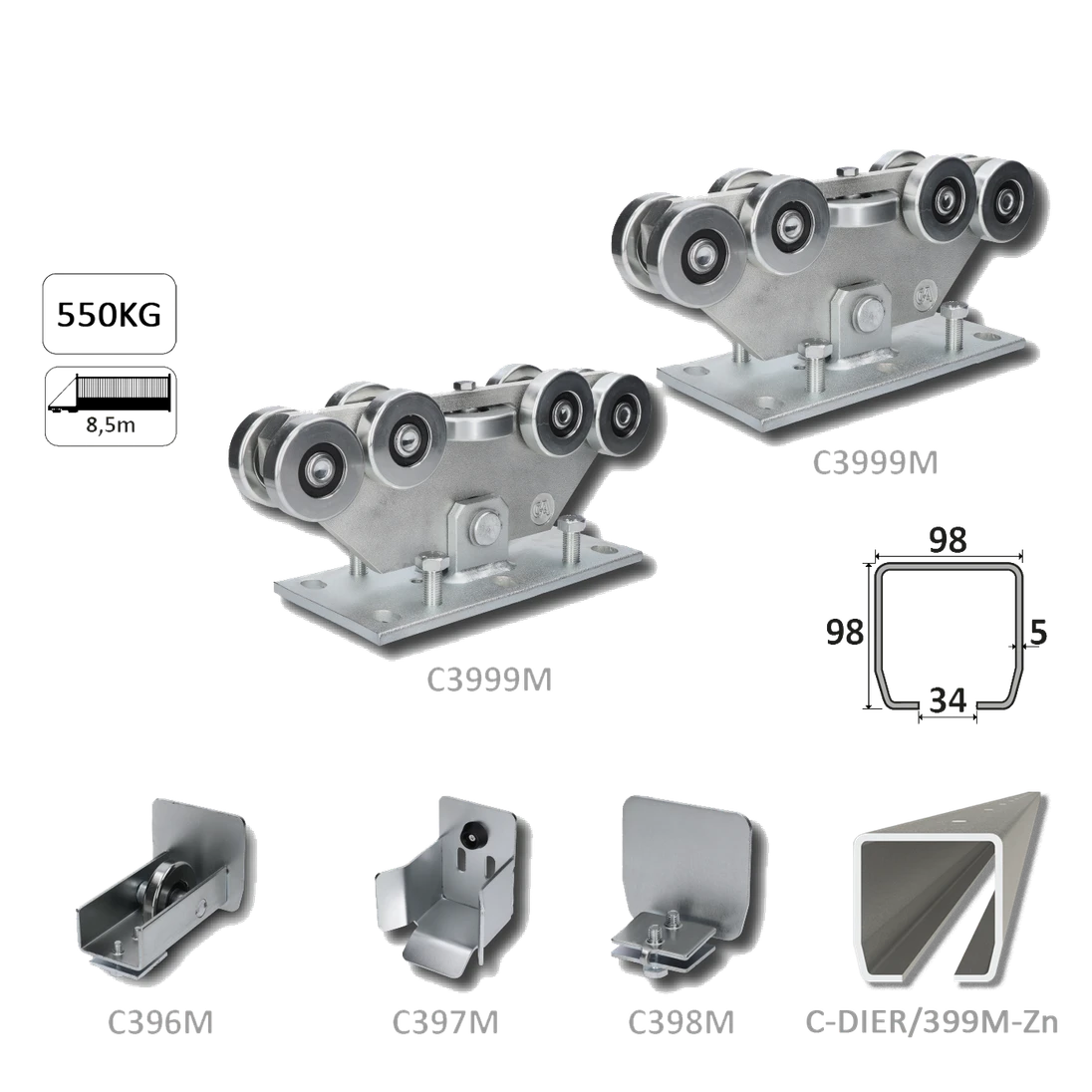 Samonos do 550 kg/8,5 m, profil s otvormi 98 x 98 x 5 mm, Zn