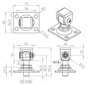 Záves nastaviteľný s platňou 75 x 60 mm, závit M16, pozink - slide 1