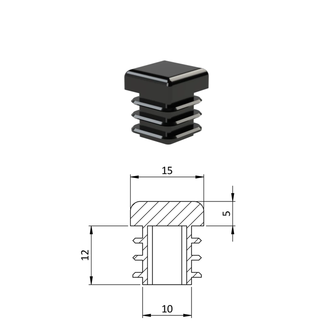 Krytka plastová 15 x 15 mm, čierna