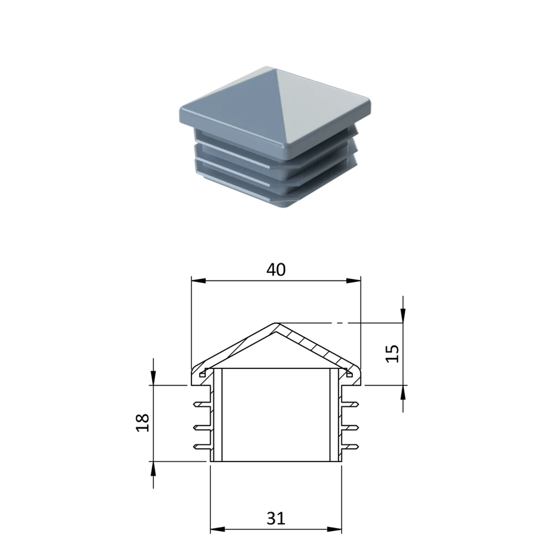 Krytka plastová so strieškou 40 x 40 mm, sivá