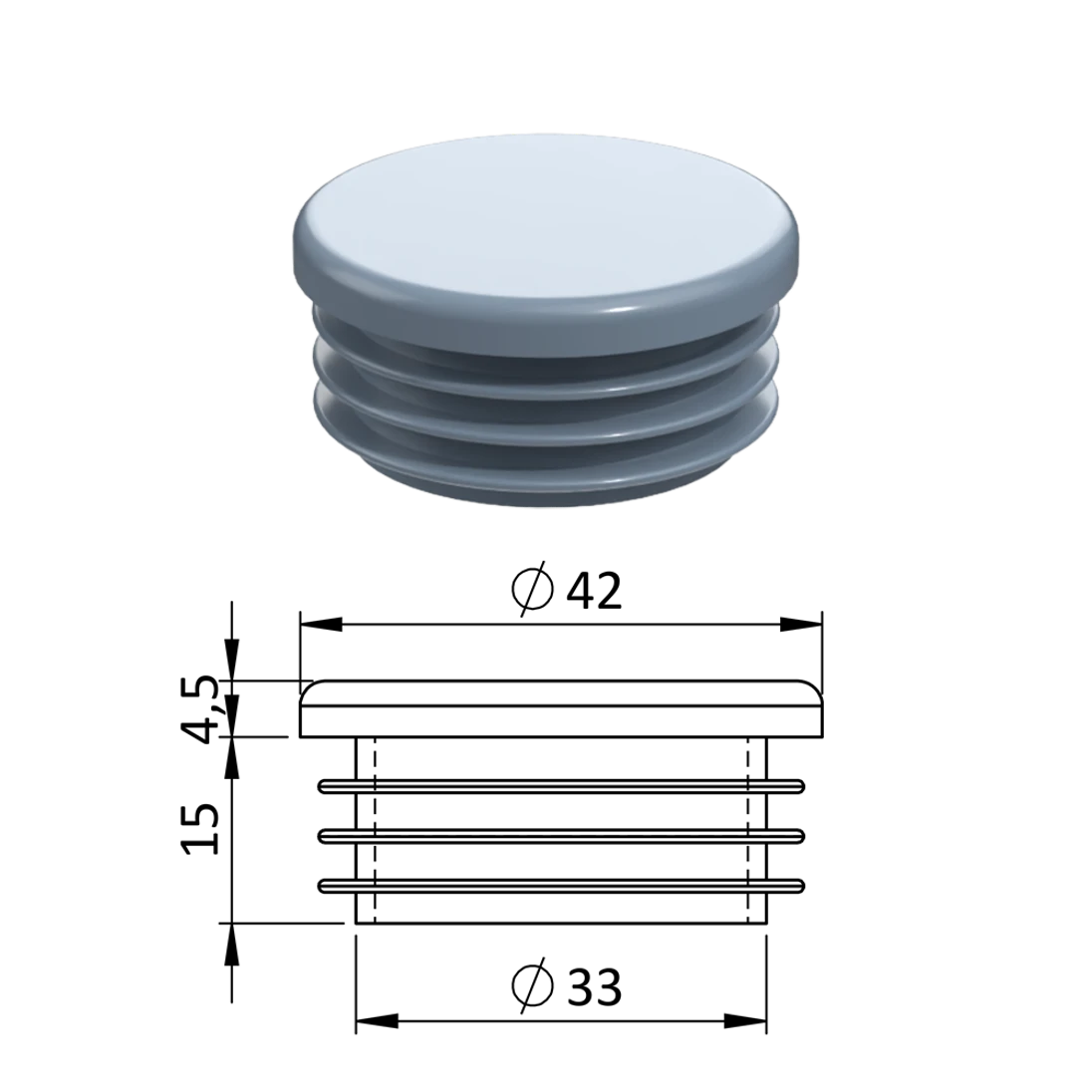 Vnútorná krytka guľatá ø 42 mm, plastová, sivá