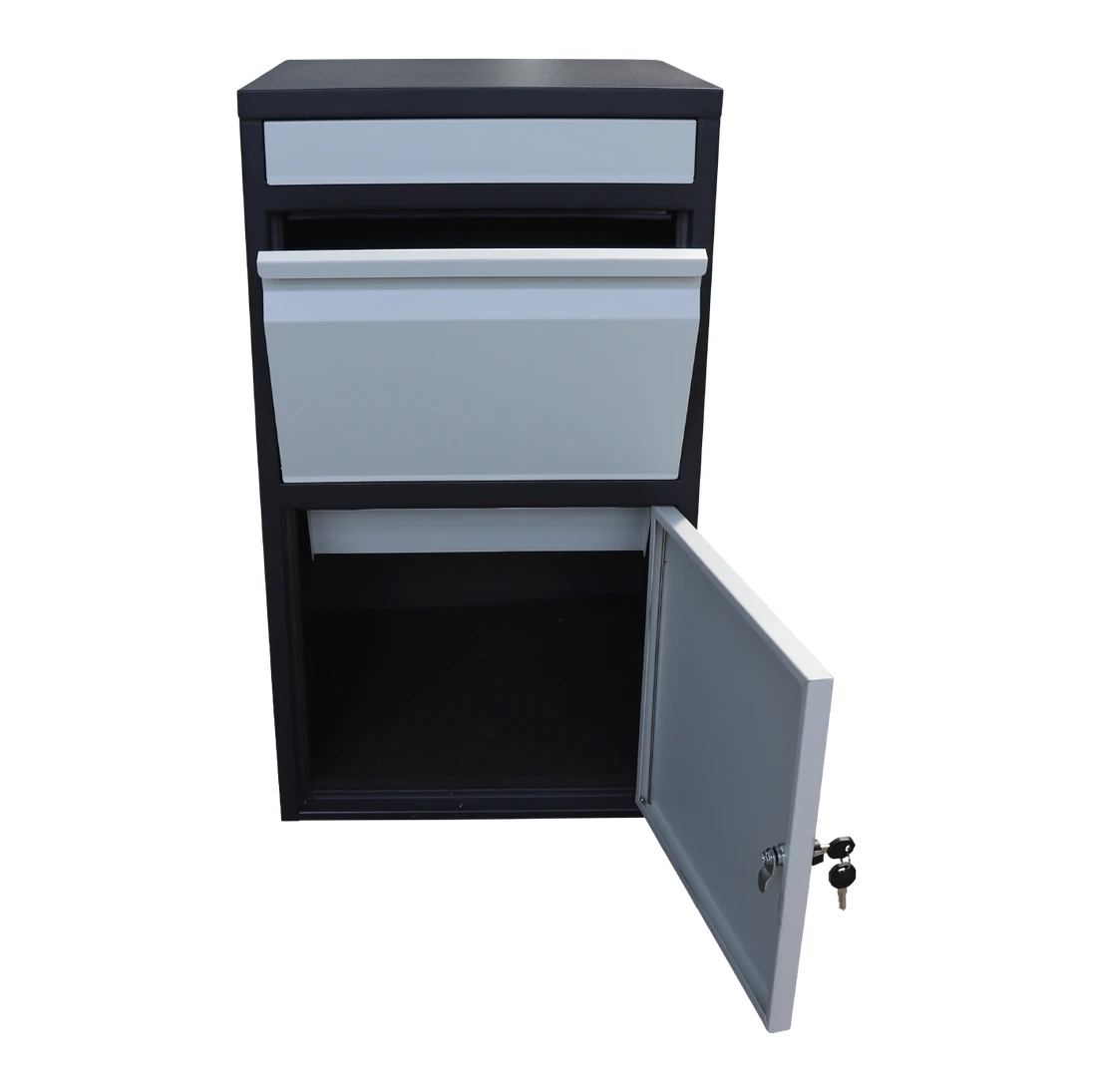 Box na balíky s prepadovou lištou, farba: čierno/biela