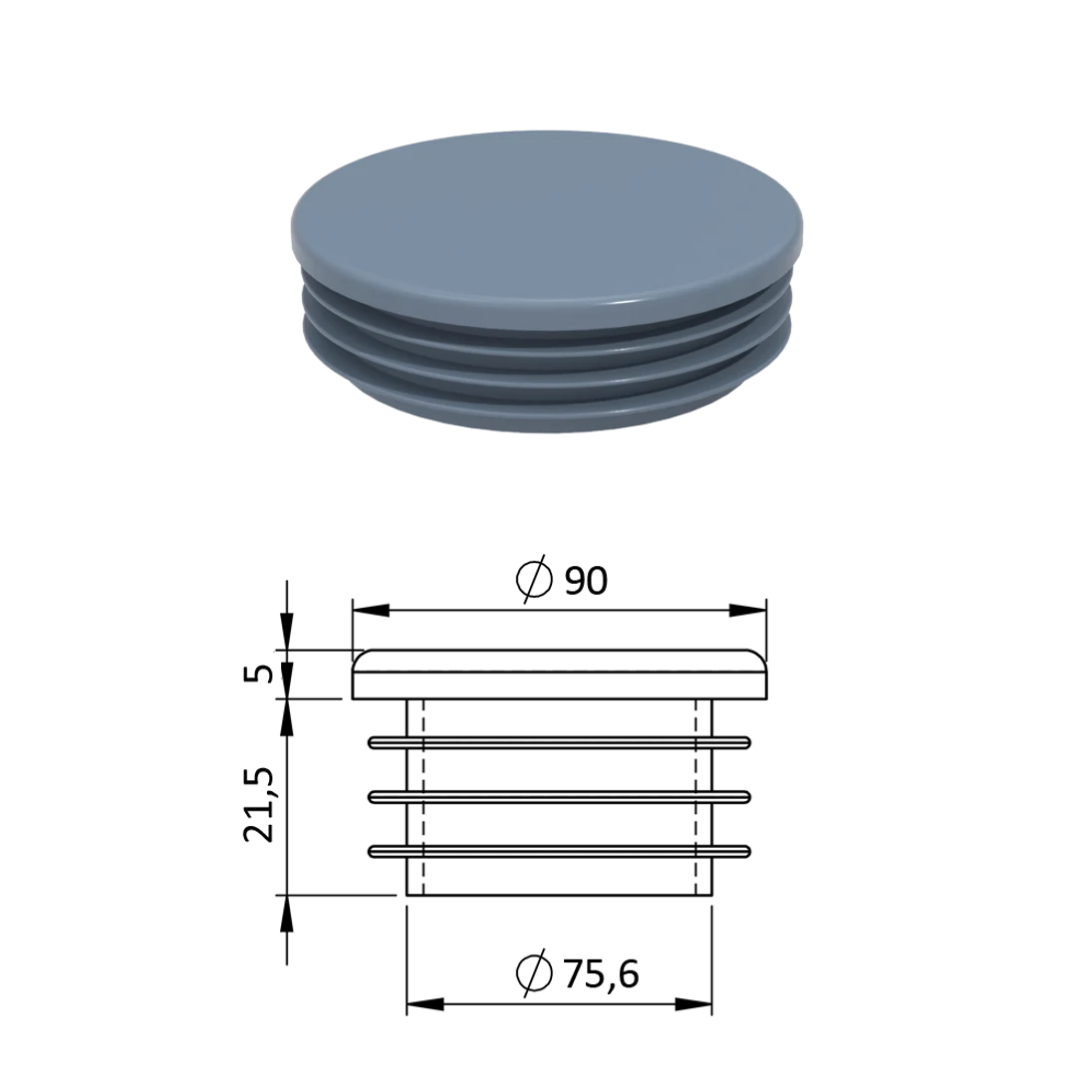 Vnútorná krytka guľatá ø 90 mm, plastová, sivá