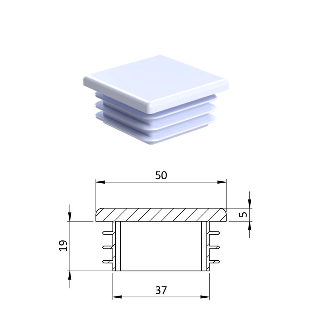 Krytka plastová 50 x 50 x 3 - 5 mm, biela